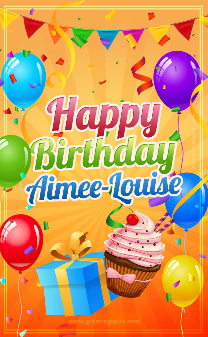 Happy Birthday Aimee-Louise eCard with gift box and cupcake (tall rectangle shape picture)