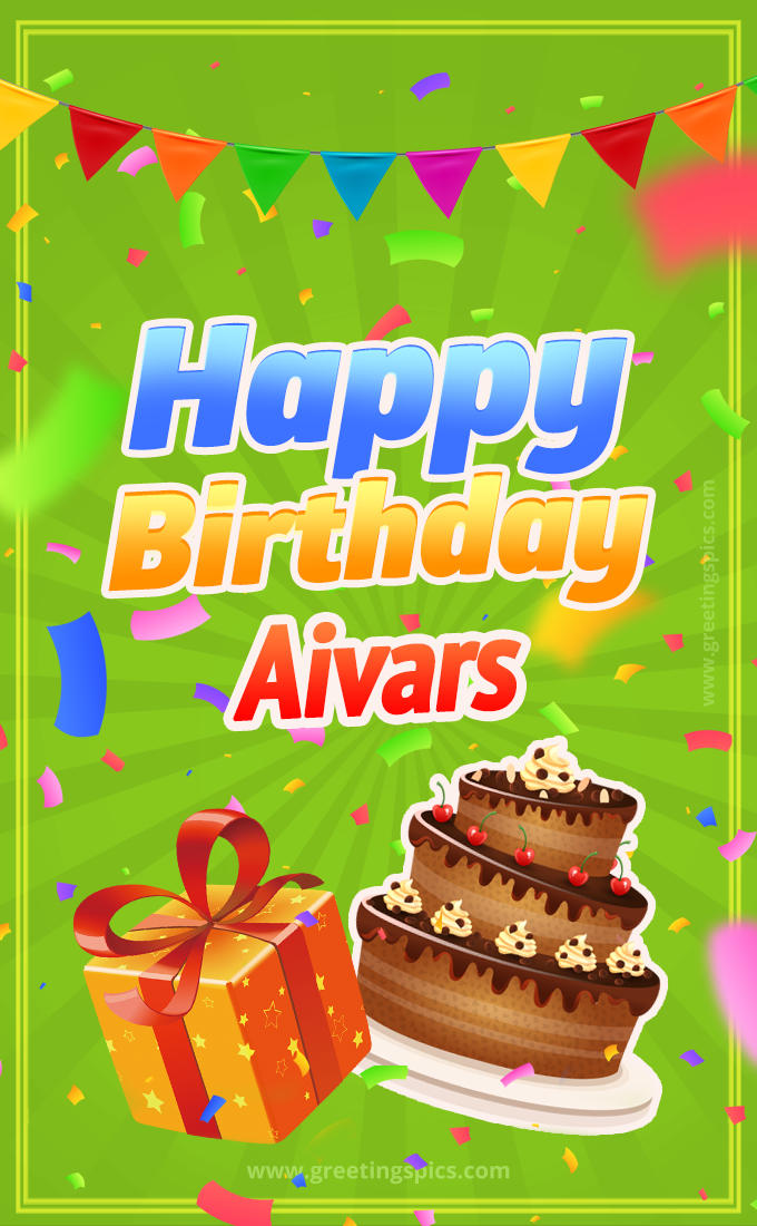 Happy Birthday Aivars picture with flags, chocolate cake and gift box (tall rectangle shape picture)