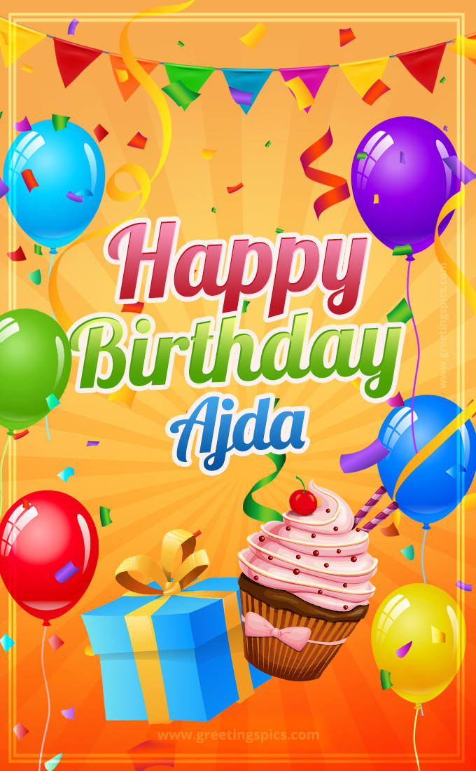 Happy Birthday Ajda eCard with gift box and cupcake (tall rectangle shape picture)