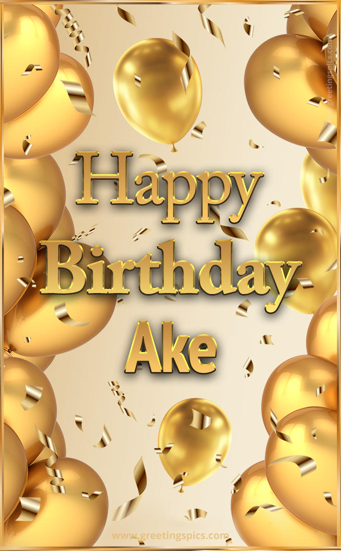Happy Birthday Ake Card with golden confetti and balloons (tall rectangle shape picture)