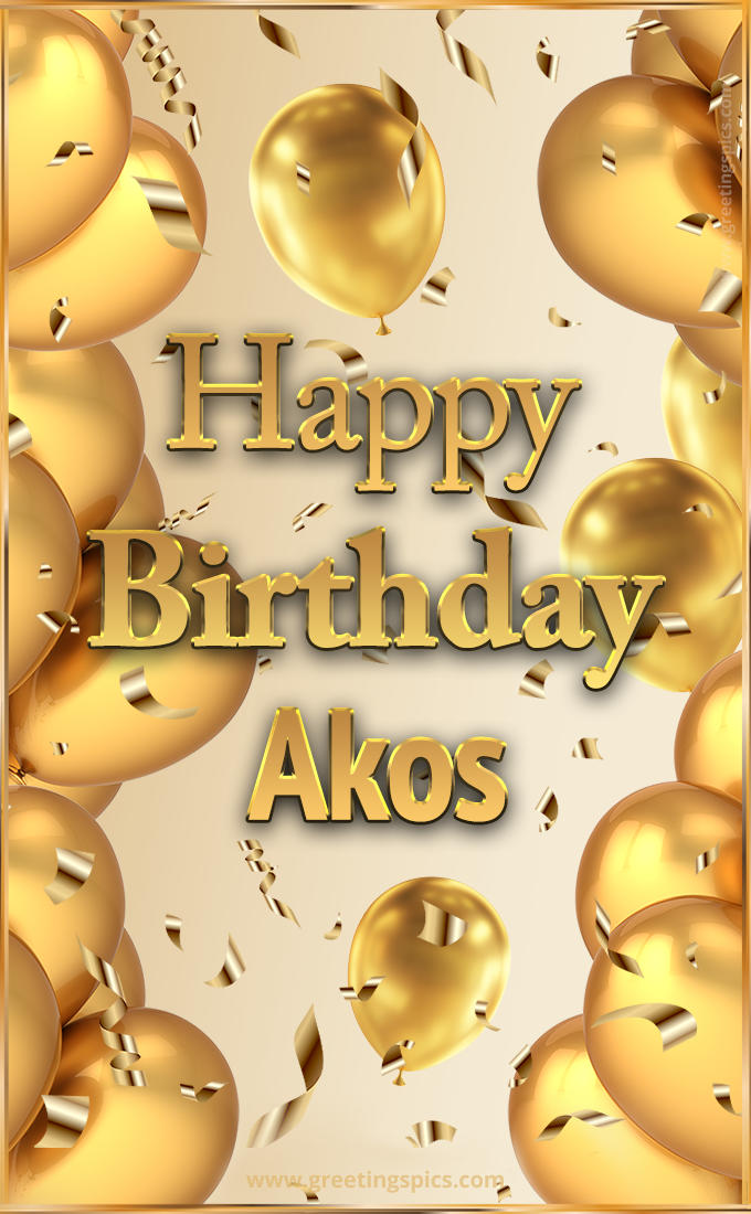 Happy Birthday Akos Card with golden confetti and balloons (tall rectangle shape picture)