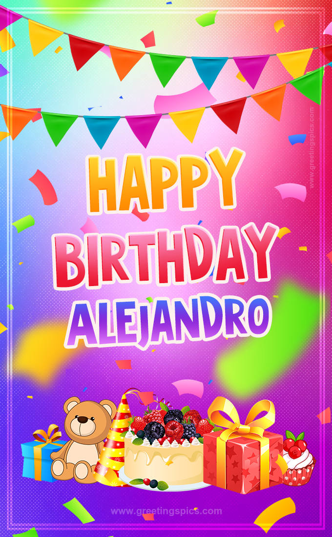 Bright card with Wishes for a Happy Birthday for Alejandro (tall rectangle shape picture)