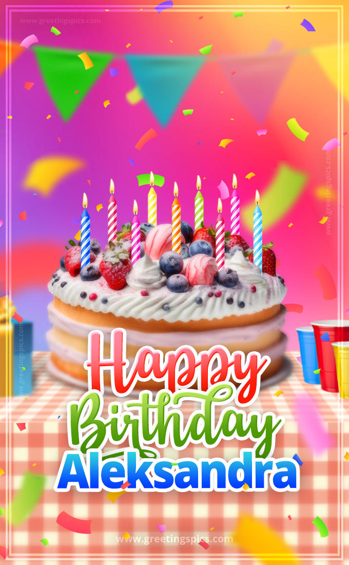 Happy Birthday Aleksandra Colorful Image with fruit cake and candles (tall rectangle shape picture)