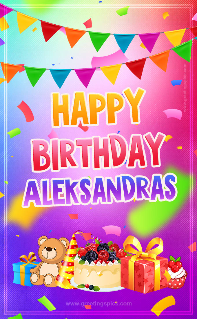 Bright card with Wishes for a Happy Birthday for Aleksandras (tall rectangle shape picture)