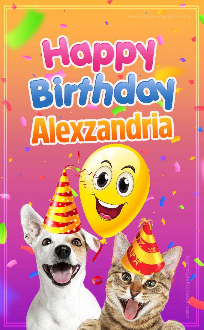 Happy Birthday Alexzandria Funny Image with cat and dog (tall rectangle shape picture)