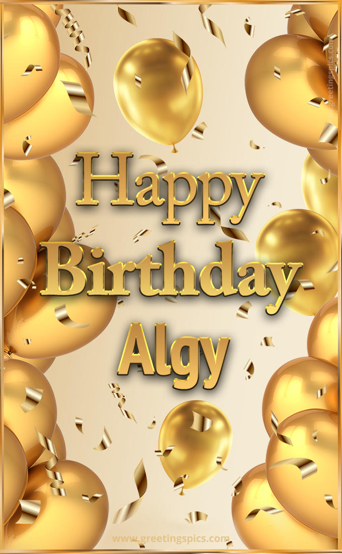 Happy Birthday Algy Card with golden confetti and balloons (tall rectangle shape picture)