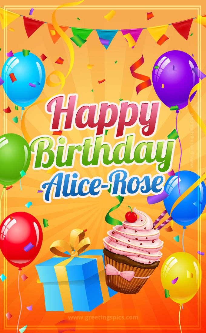 Happy Birthday Alice-Rose eCard with gift box and cupcake (tall rectangle shape picture)