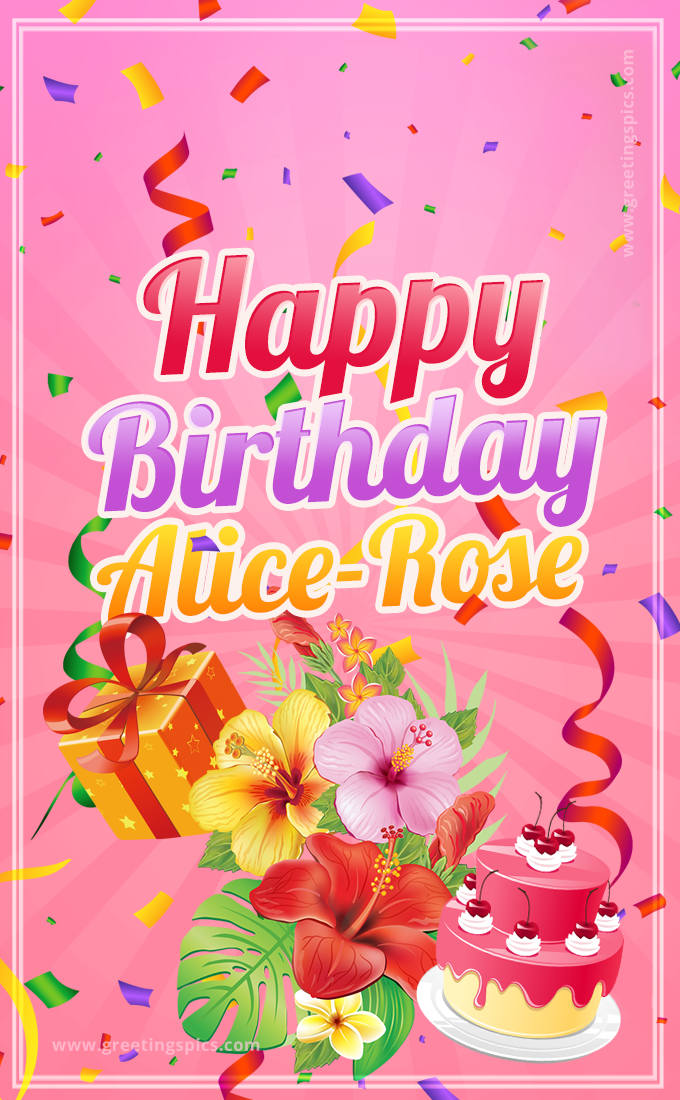 Beautiful Birthday Card for Alice-Rose with Cake and bouquet of flowers (tall rectangle shape picture)