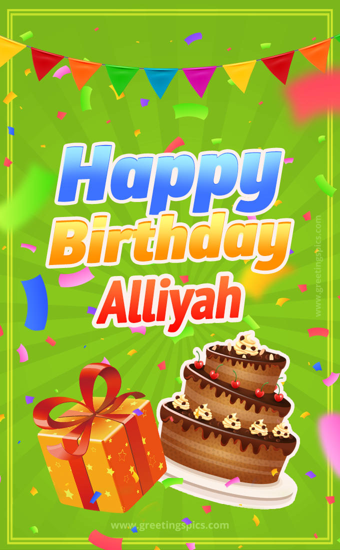 Happy Birthday Alliyah picture with flags, chocolate cake and gift box (tall rectangle shape picture)