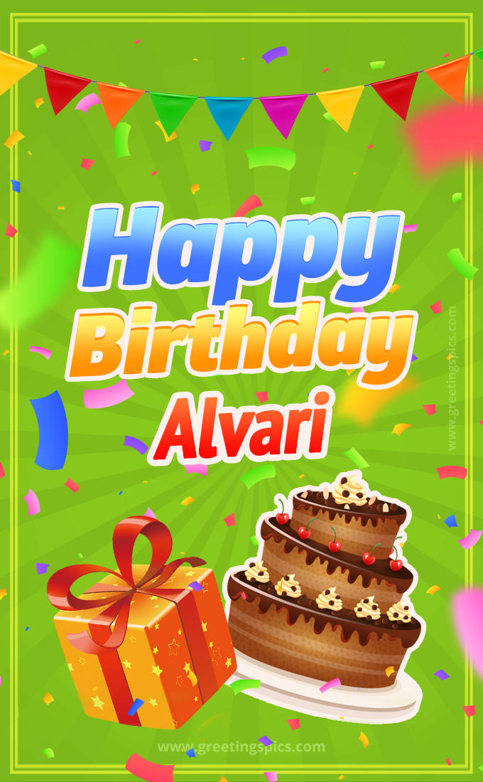 Happy Birthday Alvari picture with flags, chocolate cake and gift box (tall rectangle shape picture)