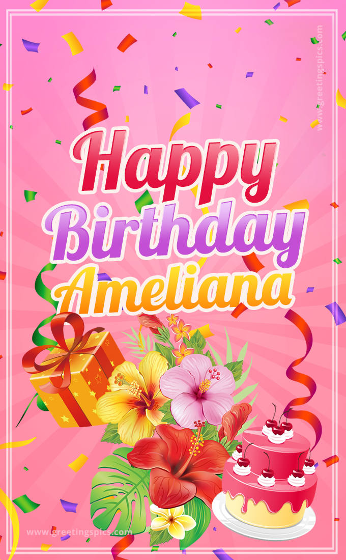 Beautiful Birthday Card for Ameliana with Cake and bouquet of flowers (tall rectangle shape picture)