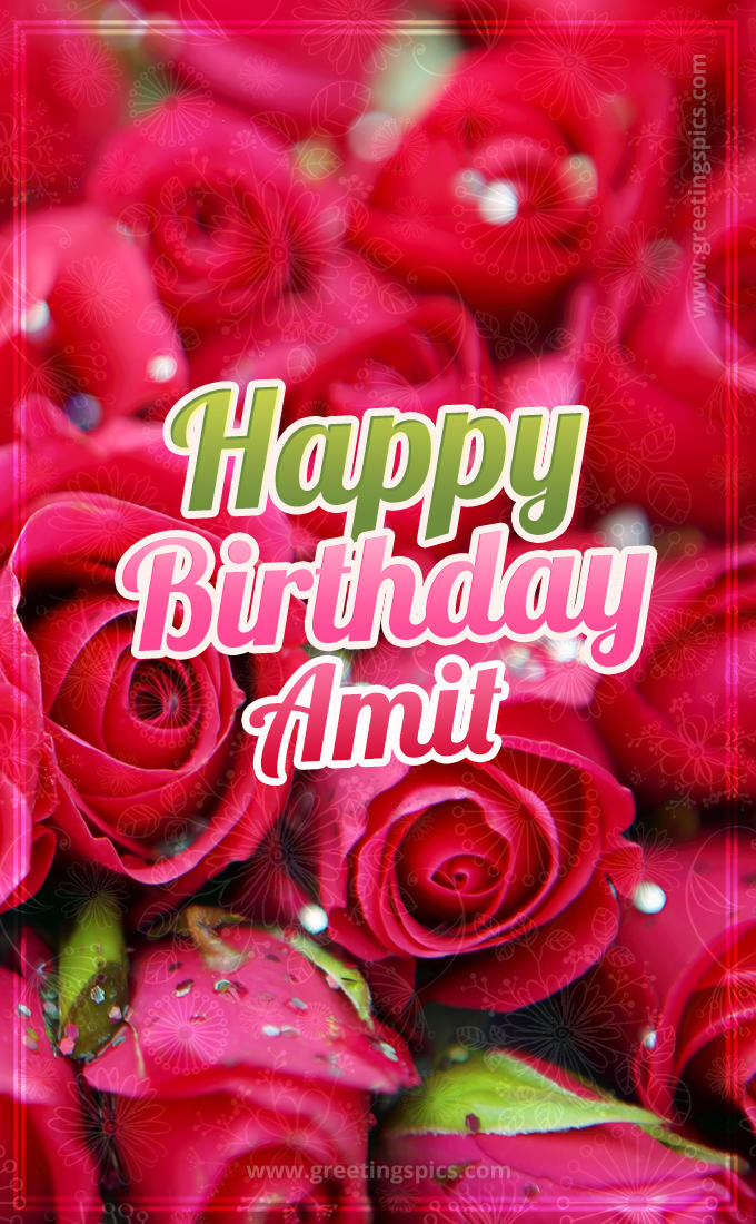 Happy Birthday Amit beautiful Image with red roses (tall rectangle shape picture)