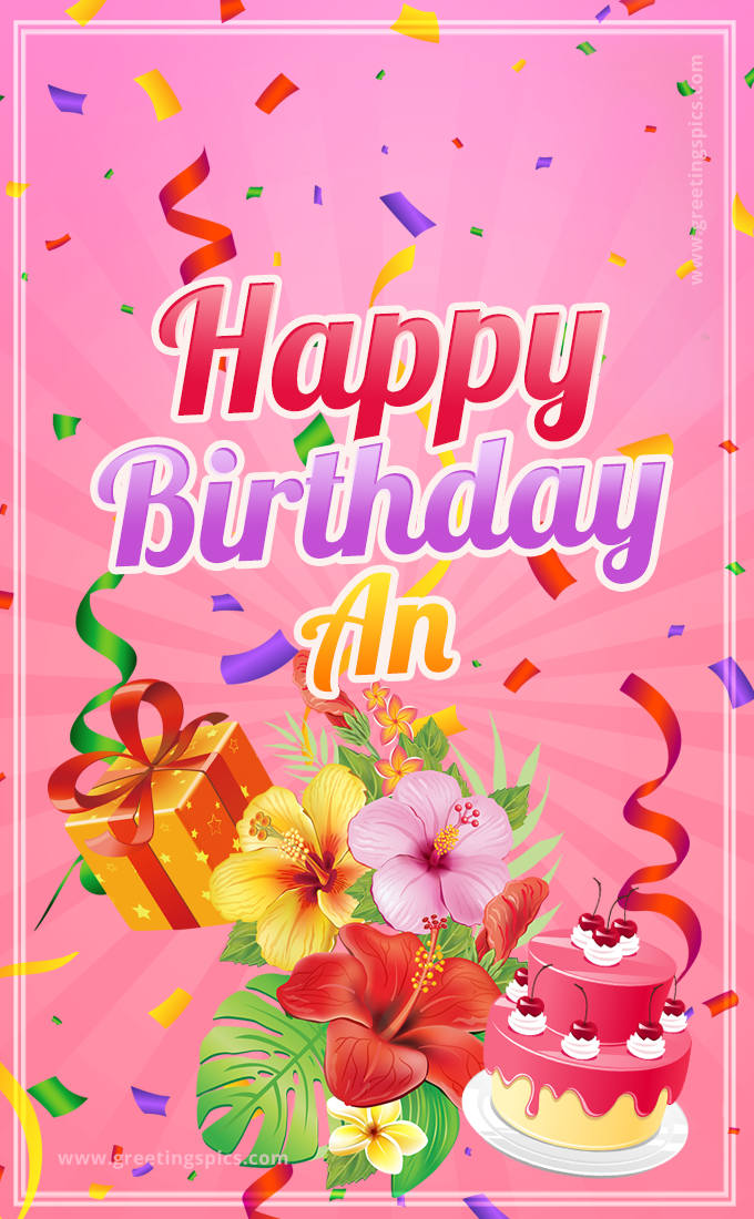 Beautiful Birthday Card for An with Cake and bouquet of flowers (tall rectangle shape picture)