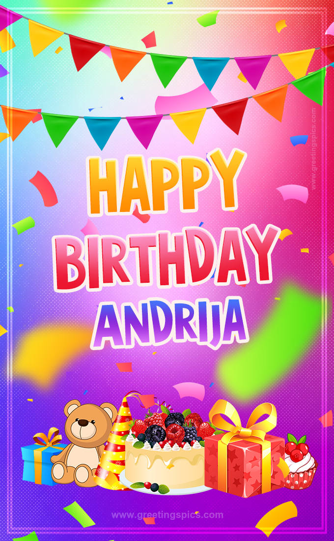 Bright card with Wishes for a Happy Birthday for Andrija (tall rectangle shape picture)