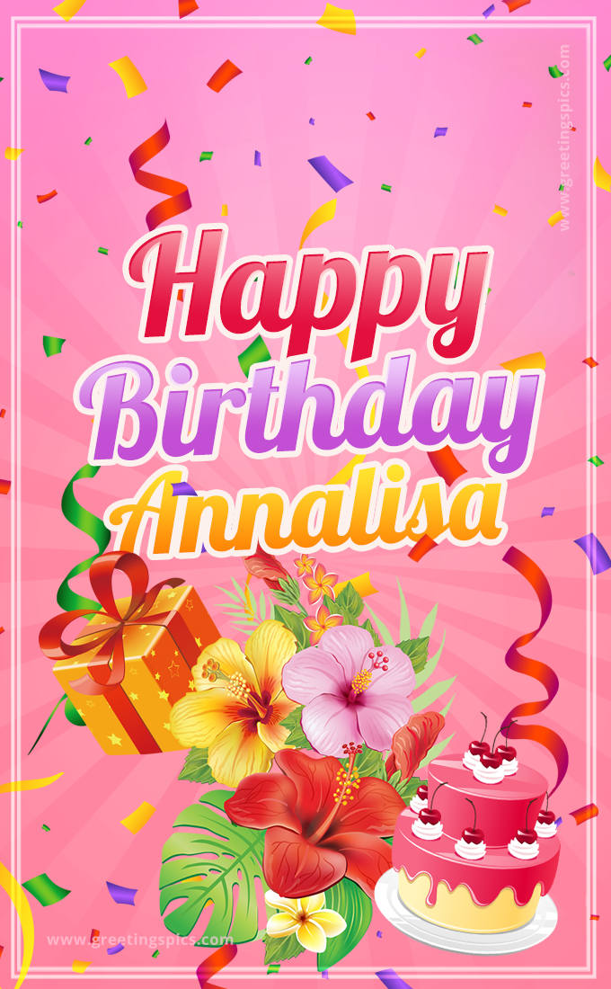 Beautiful Birthday Card for Annalisa with Cake and bouquet of flowers (tall rectangle shape picture)