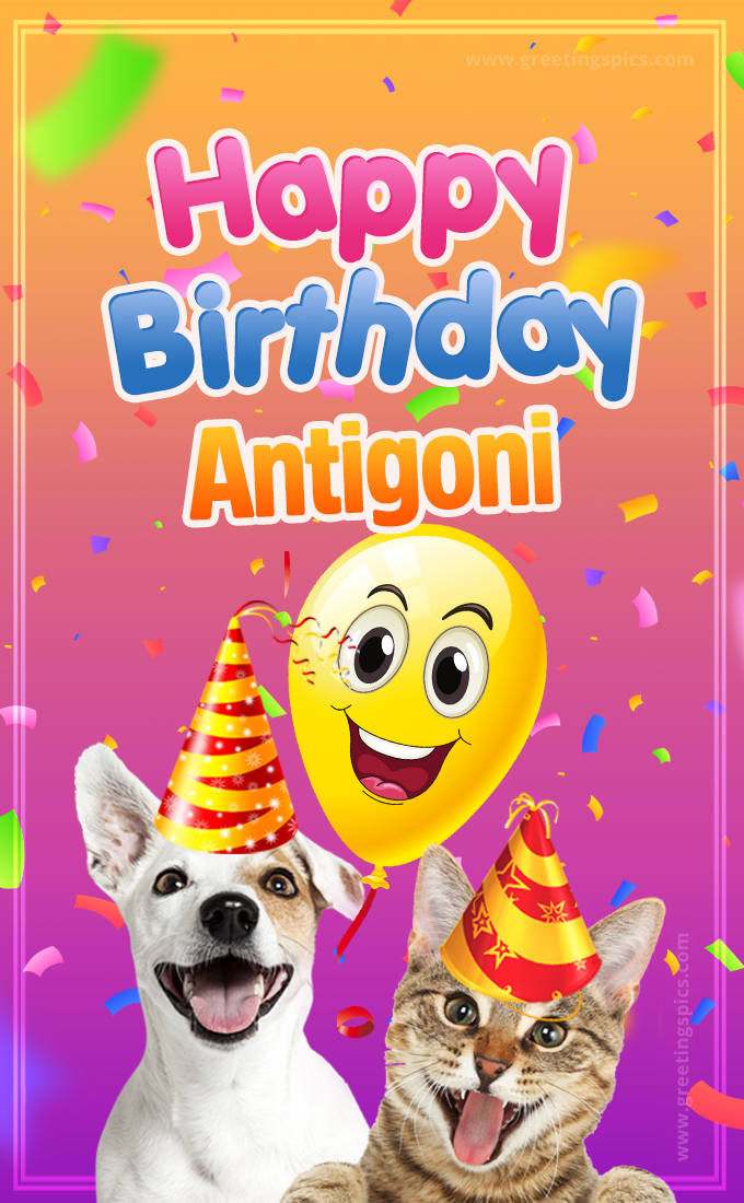 Happy Birthday Antigoni Funny Image with cat and dog (tall rectangle shape picture)