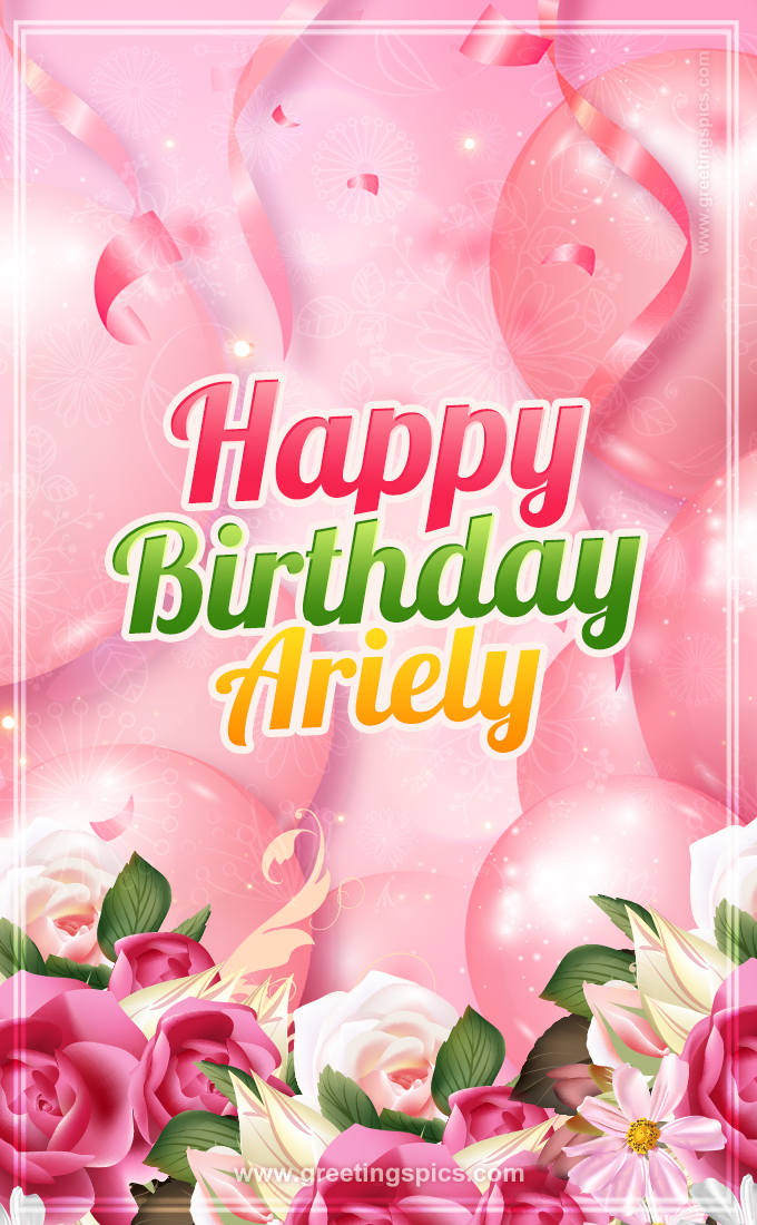 Image with gentle pink background and flowers Happy Birthday Ariely (tall rectangle shape picture)