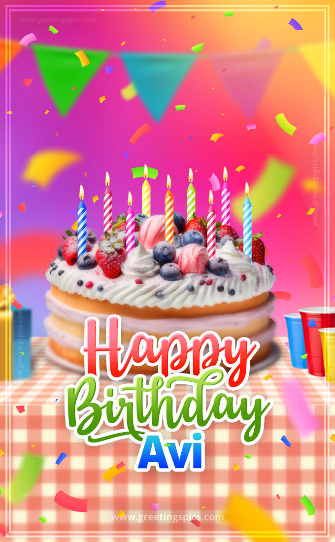 Happy Birthday Avi Colorful Image with fruit cake and candles (tall rectangle shape picture)