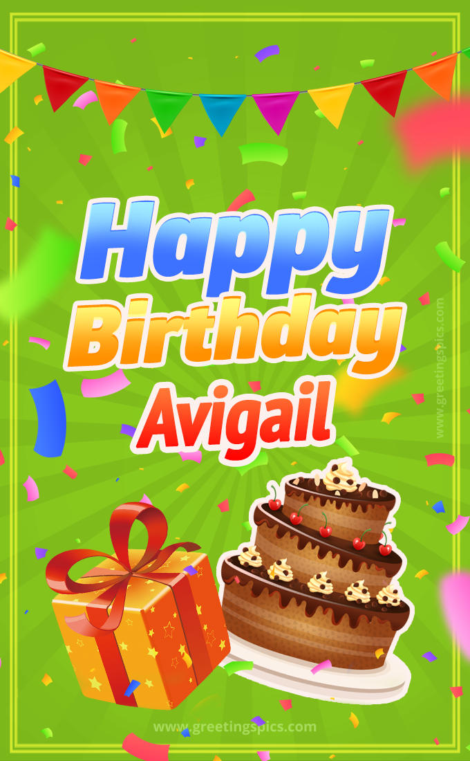 Happy Birthday Avigail picture with flags, chocolate cake and gift box (tall rectangle shape picture)