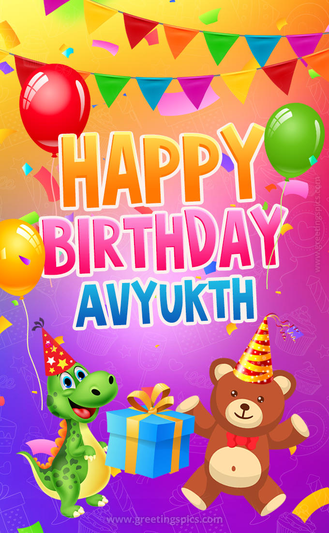 Happy Birthday Avyukth Image for a child with cute baby dinosaur and bear (tall rectangle shape picture)