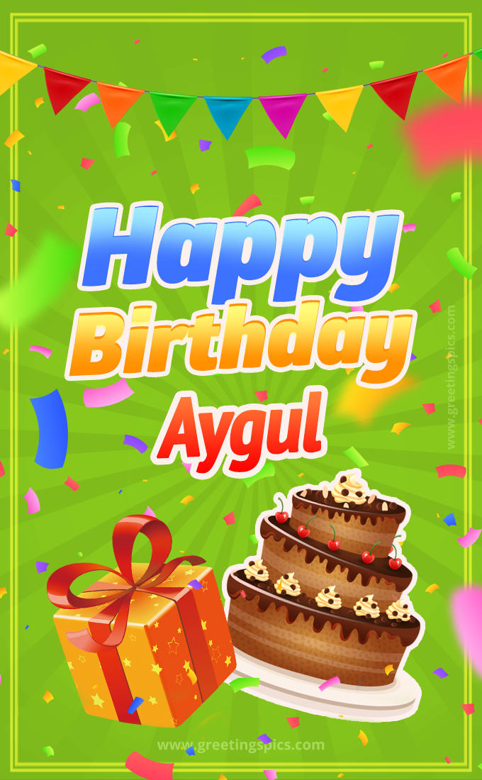 Happy Birthday Aygul picture with flags, chocolate cake and gift box (tall rectangle shape picture)