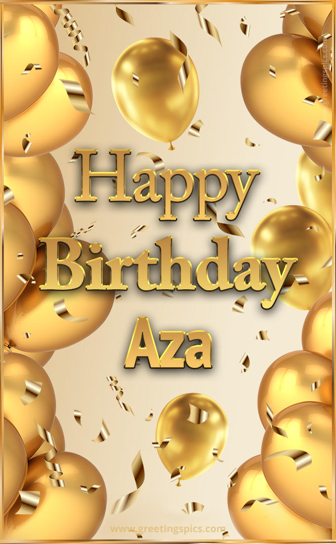 Happy Birthday Aza Card with golden confetti and balloons (tall rectangle shape picture)