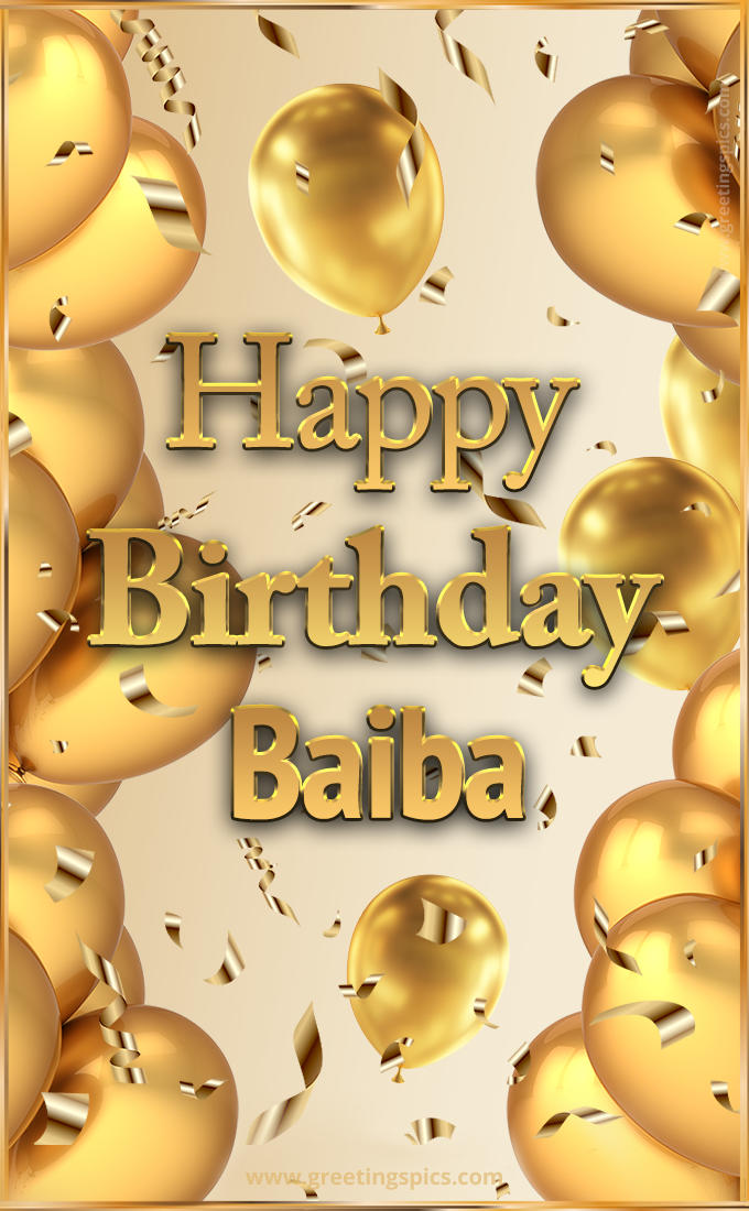 Happy Birthday Baiba Card with golden confetti and balloons (tall rectangle shape picture)