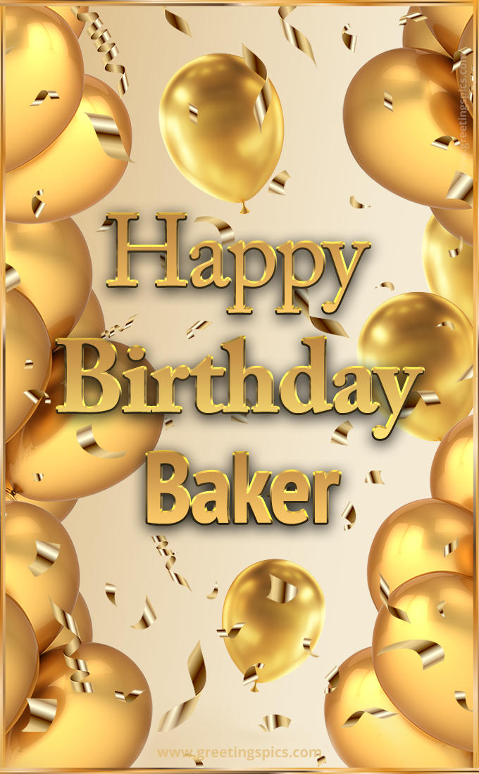 Happy Birthday Baker Card with golden confetti and balloons (tall rectangle shape picture)