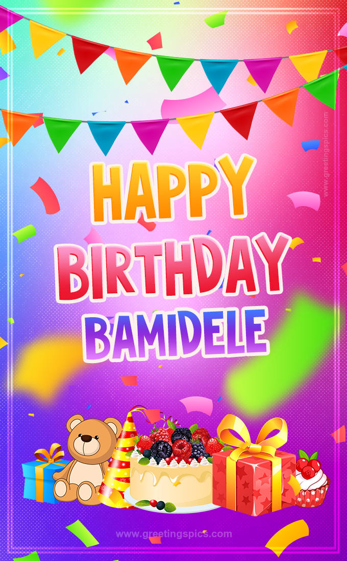 Bright card with Wishes for a Happy Birthday for Bamidele (tall rectangle shape picture)