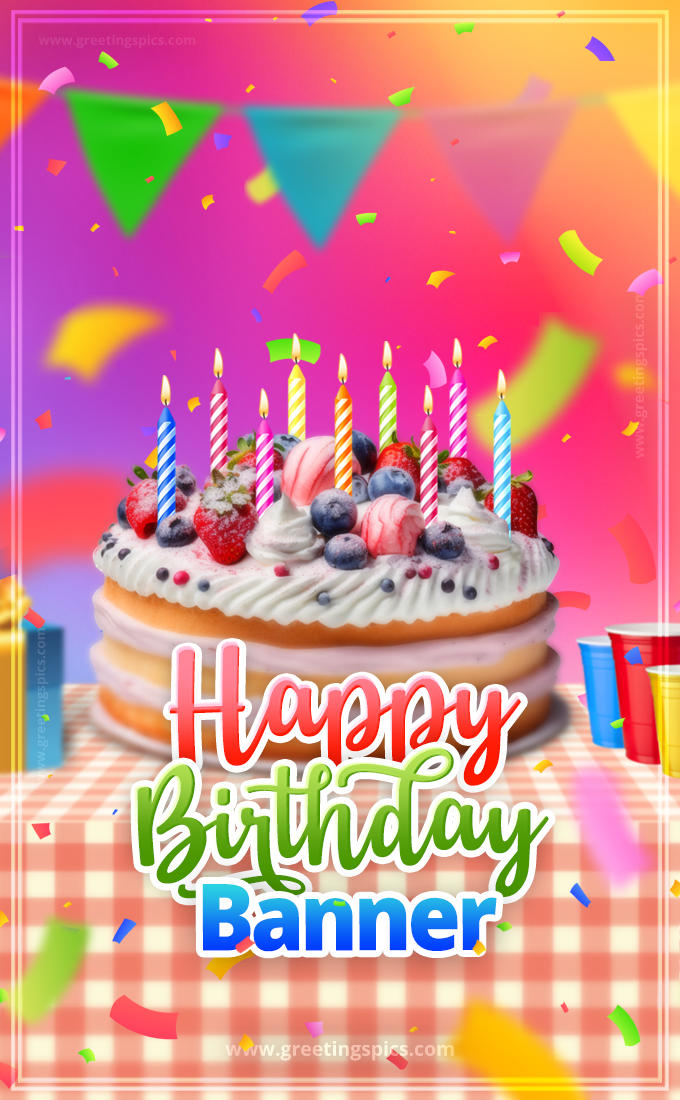 Happy Birthday Banner Colorful Image with fruit cake and candles (tall rectangle shape picture)