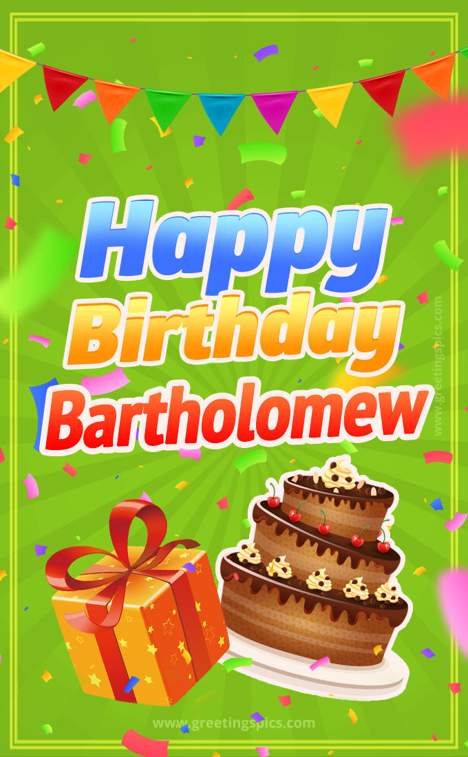 Happy Birthday Bartholomew picture with flags, chocolate cake and gift box (tall rectangle shape picture)