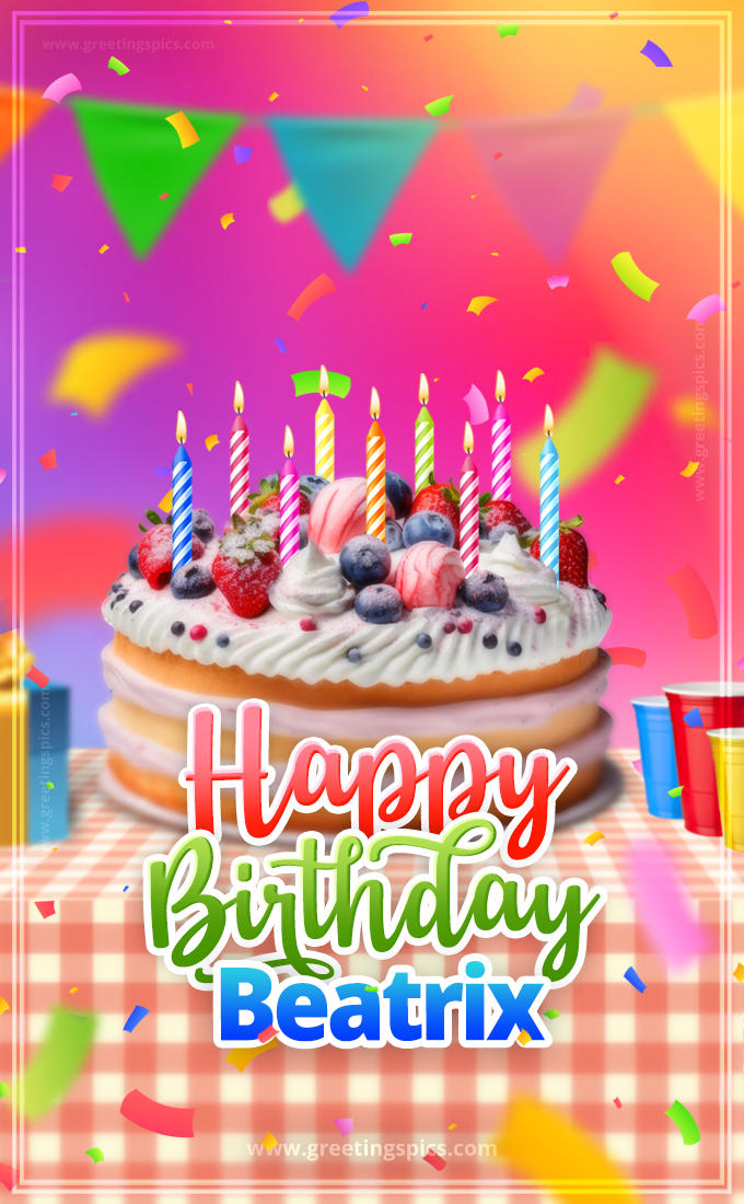 Happy Birthday Beatrix Colorful Image with fruit cake and candles (tall rectangle shape picture)