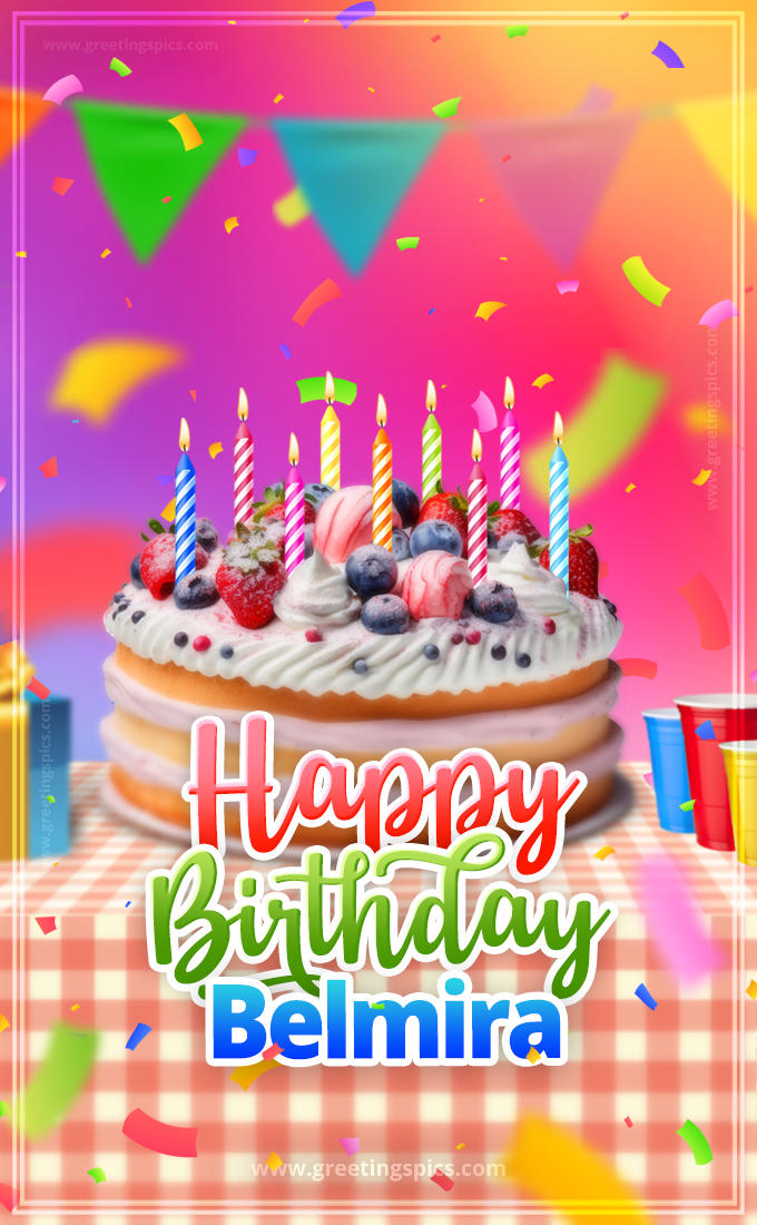 Happy Birthday Belmira Colorful Image with fruit cake and candles (tall rectangle shape picture)