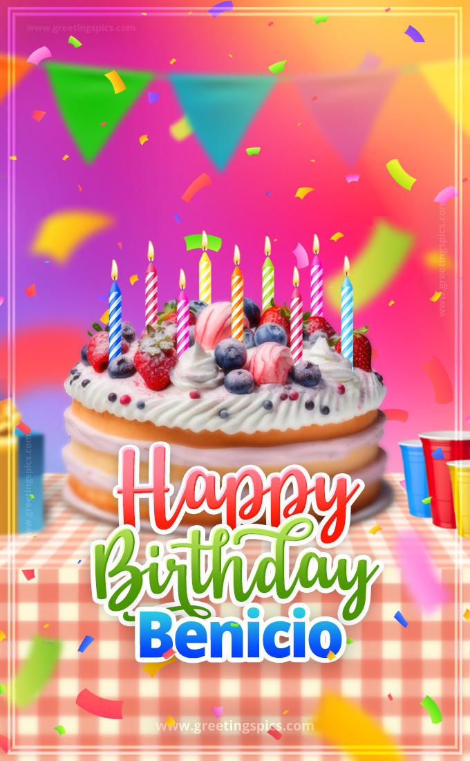 Happy Birthday Benicio Colorful Image with fruit cake and candles (tall rectangle shape picture)