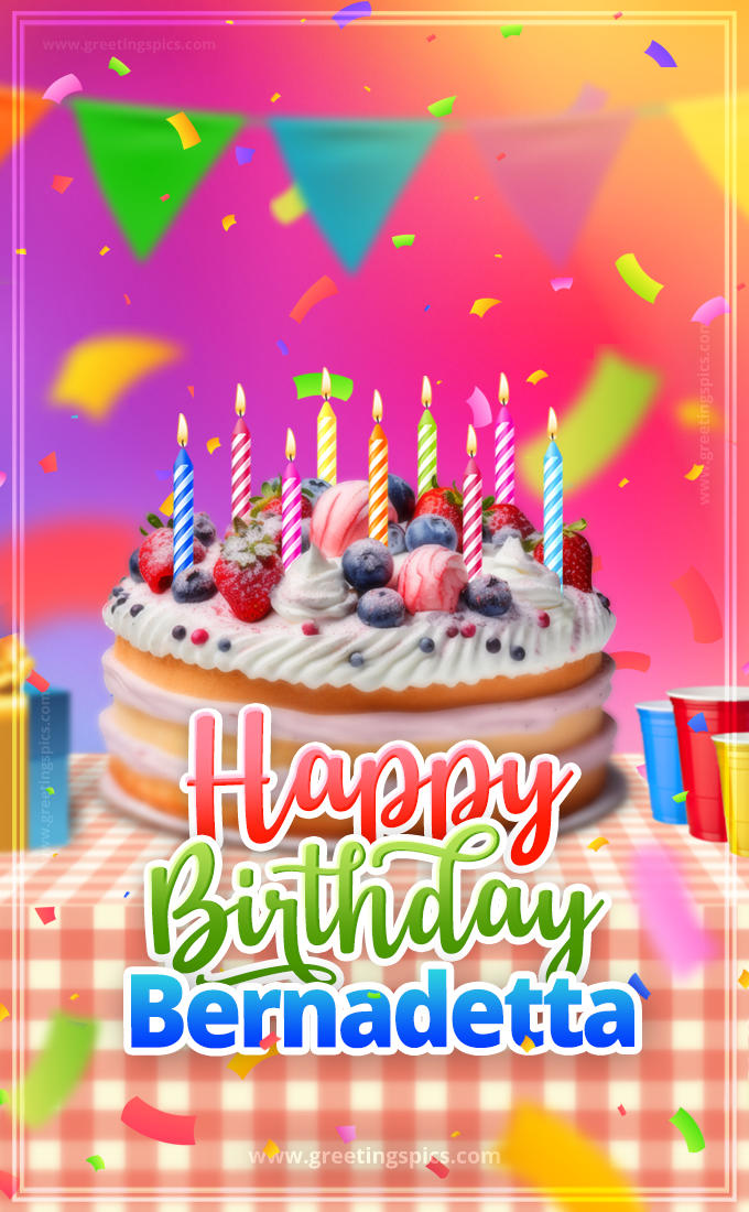 Happy Birthday Bernadetta Colorful Image with fruit cake and candles (tall rectangle shape picture)