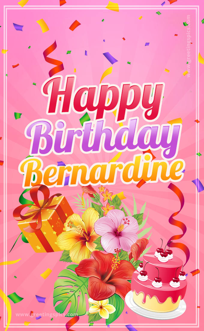 Beautiful Birthday Card for Bernardine with Cake and bouquet of flowers (tall rectangle shape picture)