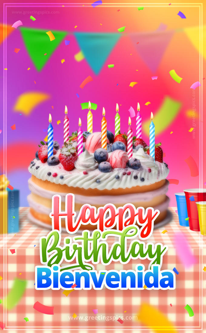 Happy Birthday Bienvenida Colorful Image with fruit cake and candles (tall rectangle shape picture)