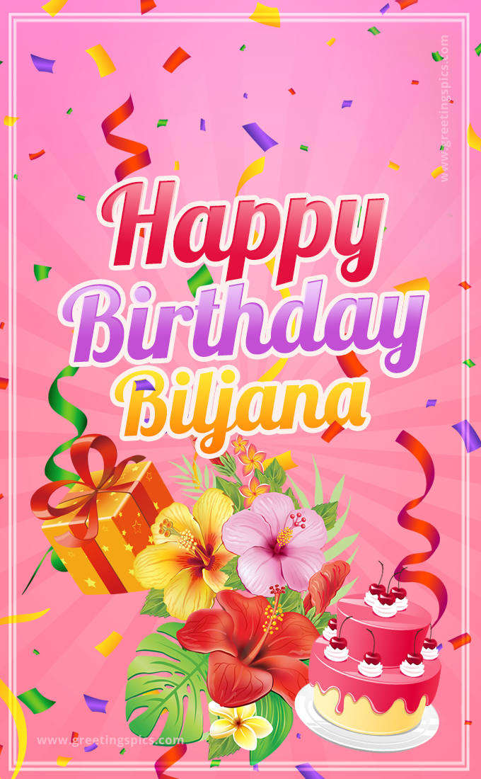 Beautiful Birthday Card for Biljana with Cake and bouquet of flowers (tall rectangle shape picture)