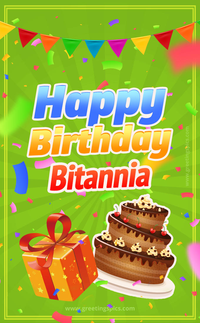 Happy Birthday Bitannia picture with flags, chocolate cake and gift box (tall rectangle shape picture)