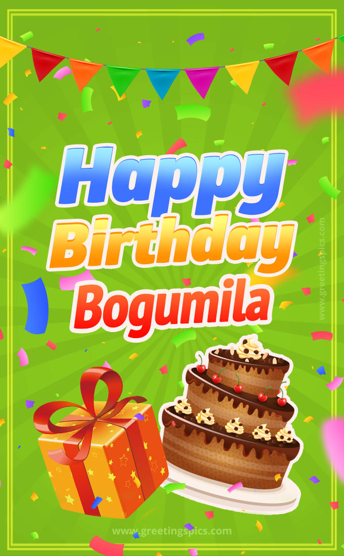 Happy Birthday Bogumila picture with flags, chocolate cake and gift box (tall rectangle shape picture)