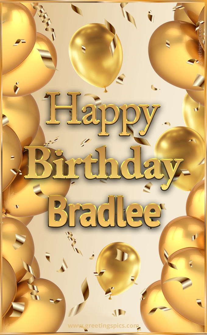 Happy Birthday Bradlee Card with golden confetti and balloons (tall rectangle shape picture)