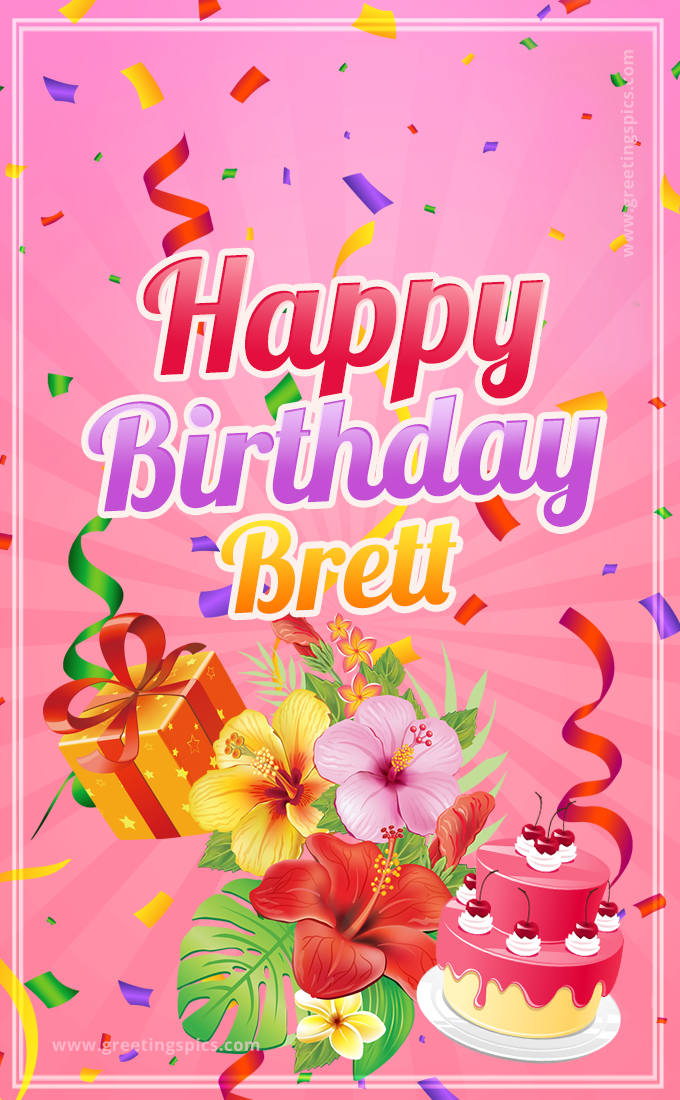 Beautiful Birthday Card for Brett with Cake and bouquet of flowers (tall rectangle shape picture)