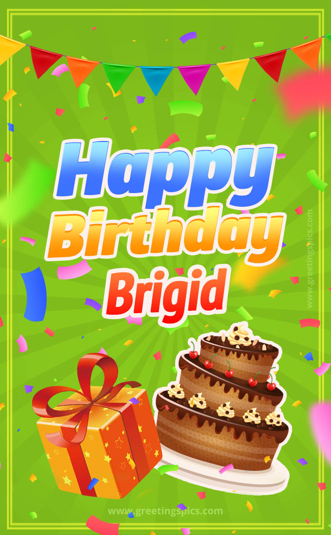 Happy Birthday Brigid picture with flags, chocolate cake and gift box (tall rectangle shape picture)