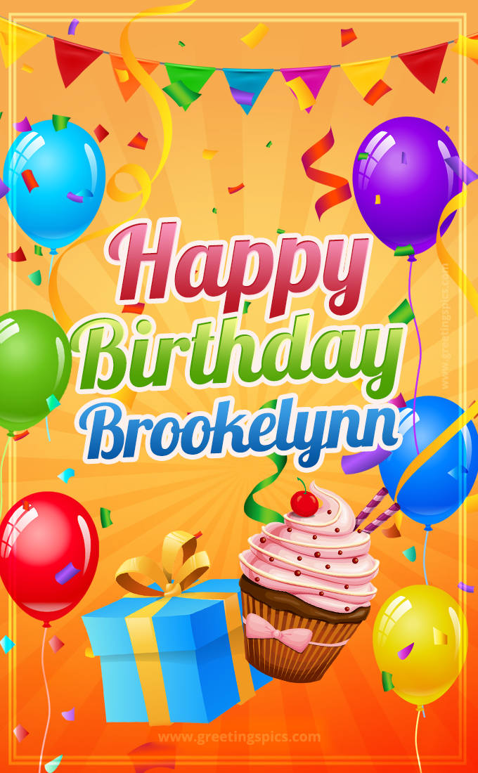 Happy Birthday Brookelynn eCard with gift box and cupcake (tall rectangle shape picture)