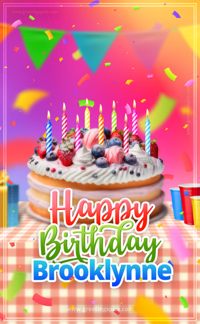 Happy Birthday Brooklynne Colorful Image with fruit cake and candles (tall rectangle shape picture)