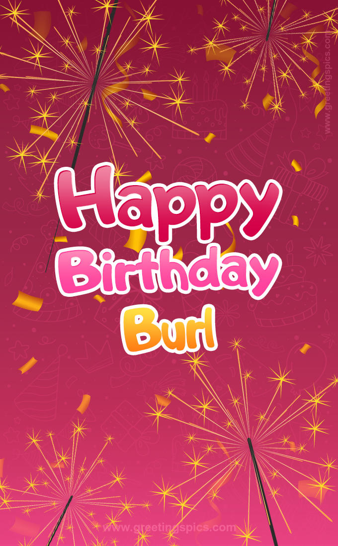 Happy Birthday Burl Image with sparklers (tall rectangle shape picture)