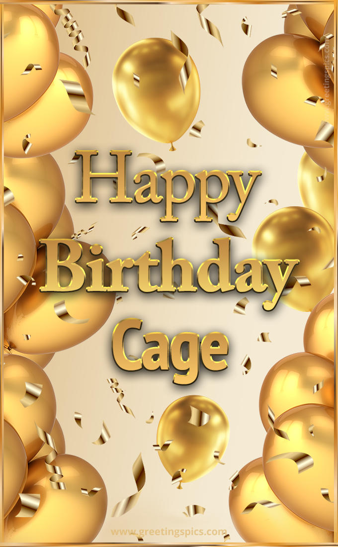 Happy Birthday Cage Card with golden confetti and balloons (tall rectangle shape picture)