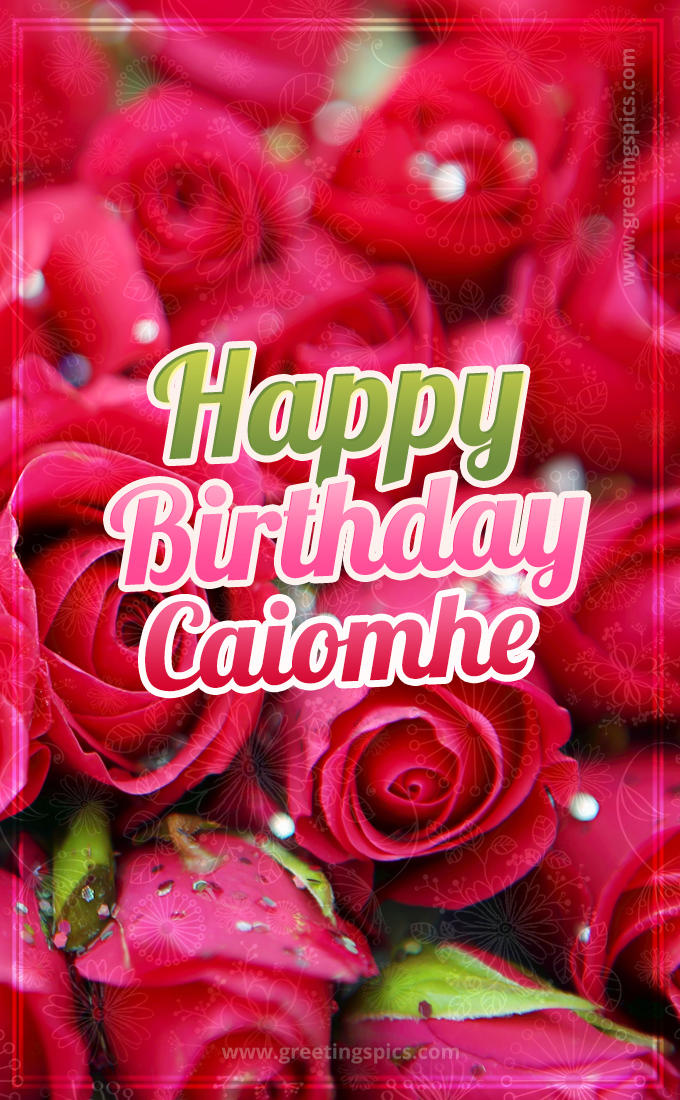 Happy Birthday Caiomhe beautiful Image with red roses (tall rectangle shape picture)