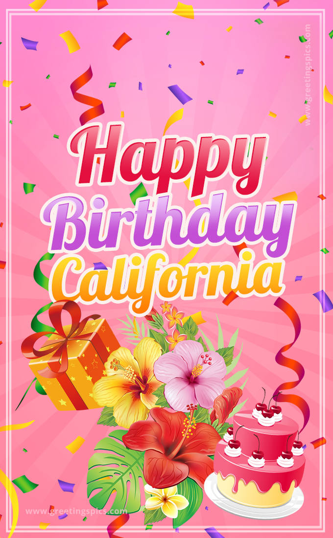 Beautiful Birthday Card for California with Cake and bouquet of flowers (tall rectangle shape picture)