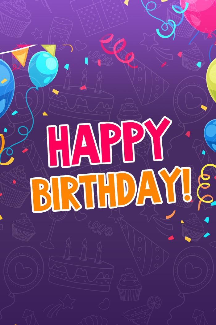 Happy birthday colorful card, with violet background, vertical tall image (tall rectangle shape picture)